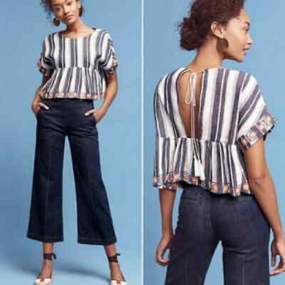 Anthropologie Tops - Anthro Linen Striped Peplum Boho Knit Blouse Open Back Tassle Tie Medium Vieques
